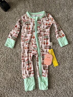 Construction Print Kids Zip-Front Pajama Romper in Mint